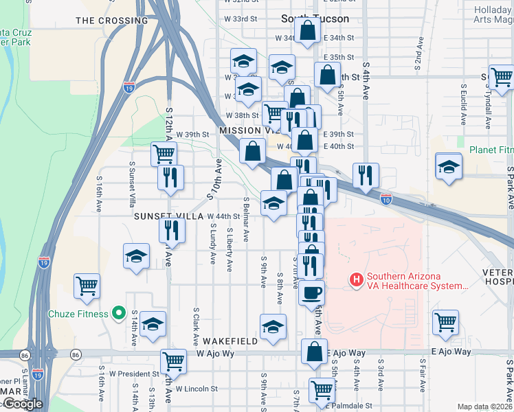map of restaurants, bars, coffee shops, grocery stores, and more near 162 West 44th Street in Tucson