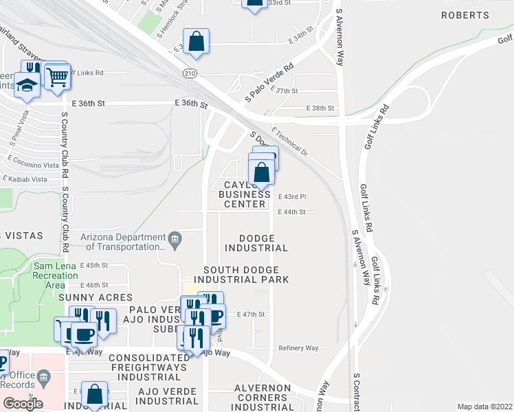 map of restaurants, bars, coffee shops, grocery stores, and more near 3657 East 44th Street in Tucson