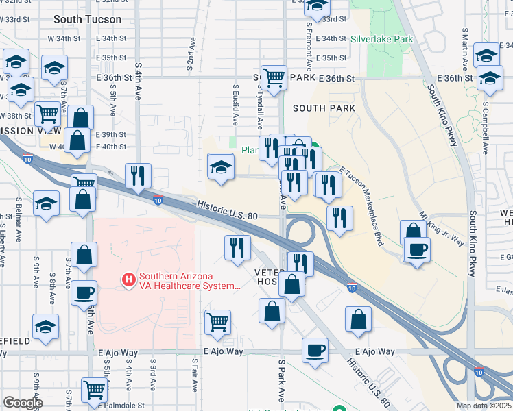 map of restaurants, bars, coffee shops, grocery stores, and more near 880 South Tucson Boulevard in Tucson