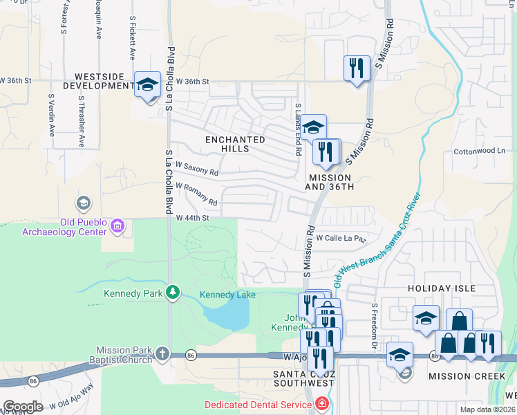 map of restaurants, bars, coffee shops, grocery stores, and more near 1901 West Romany Road in Tucson