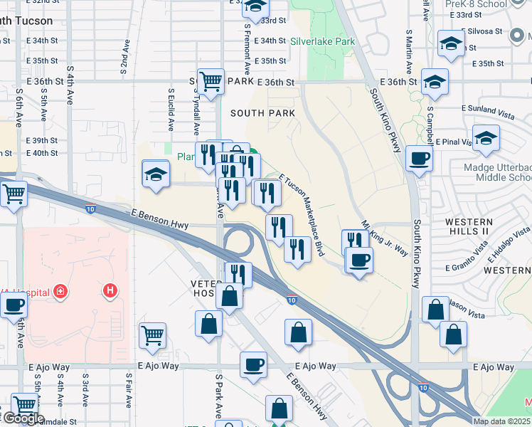 map of restaurants, bars, coffee shops, grocery stores, and more near 1260 East Tucson Marketplace Boulevard in Tucson