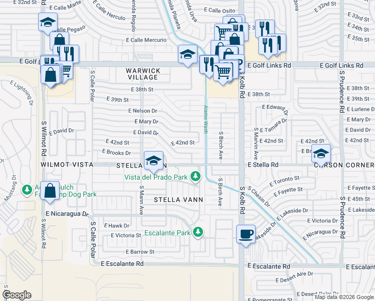 map of restaurants, bars, coffee shops, grocery stores, and more near 6861 East David Drive in Tucson