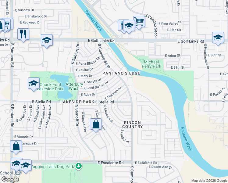 map of restaurants, bars, coffee shops, grocery stores, and more near 8566 East Mormon Drive in Tucson