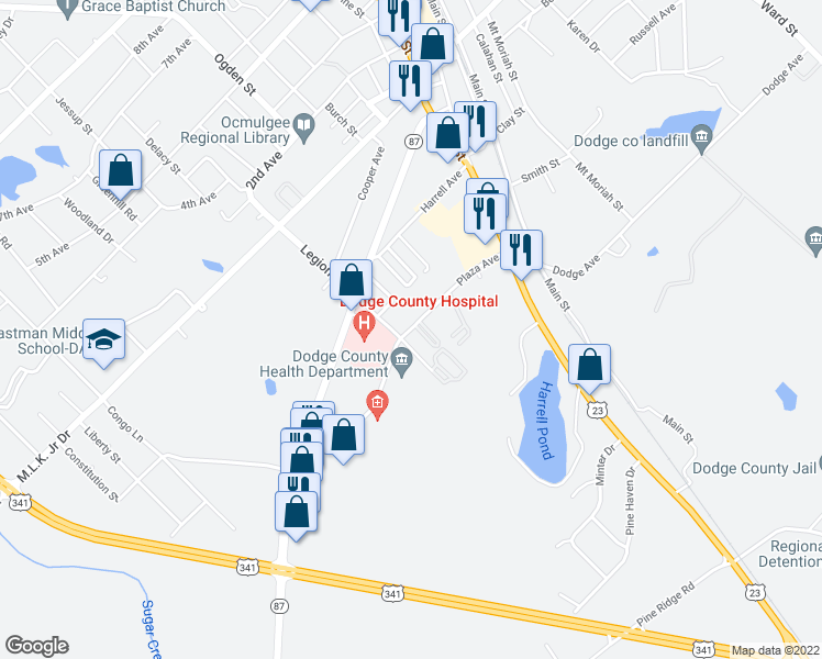 map of restaurants, bars, coffee shops, grocery stores, and more near 101 Plaza Avenue in Eastman