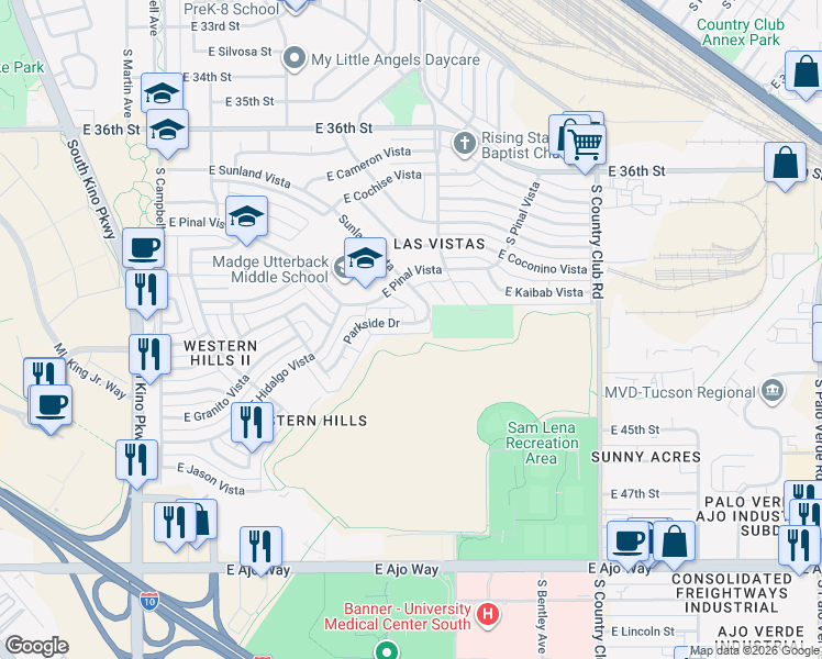map of restaurants, bars, coffee shops, grocery stores, and more near 2522 Parkside Drive in Tucson