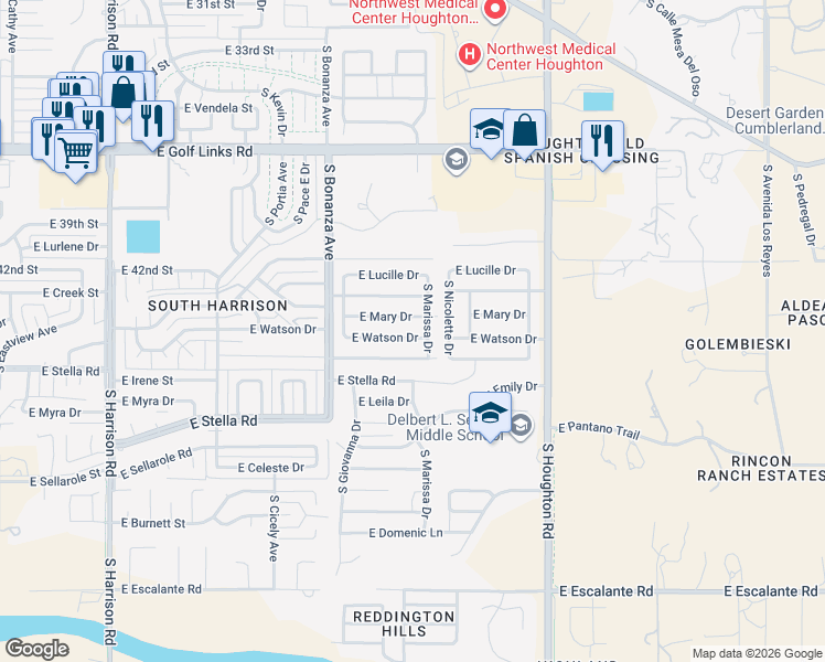 map of restaurants, bars, coffee shops, grocery stores, and more near 10050 East Watson Drive in Tucson