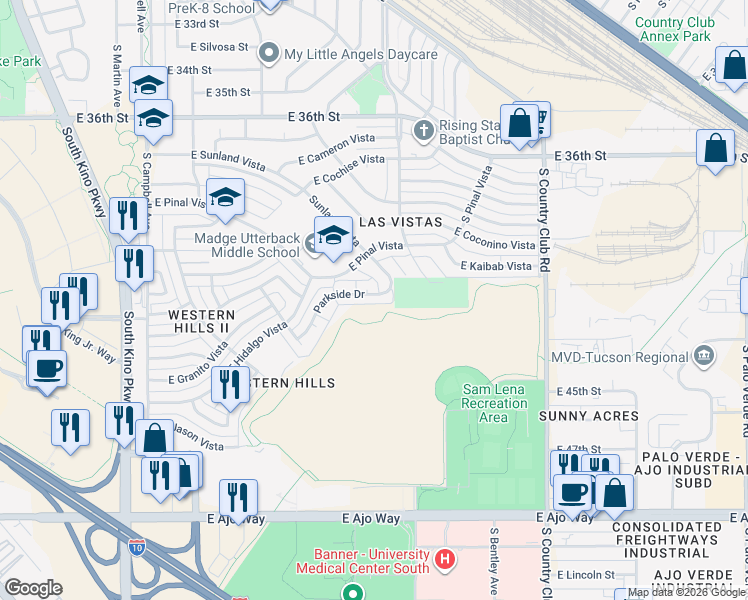 map of restaurants, bars, coffee shops, grocery stores, and more near 2522 Parkside Drive in Tucson