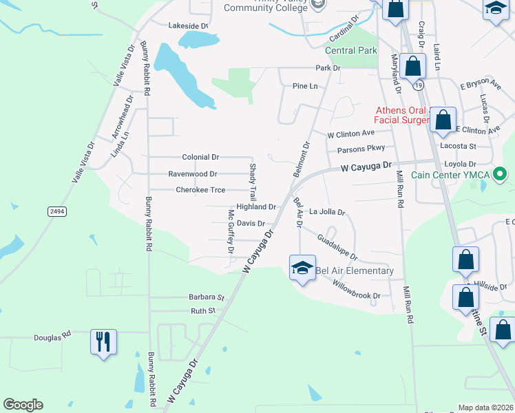 map of restaurants, bars, coffee shops, grocery stores, and more near 405 Highland Drive in Athens