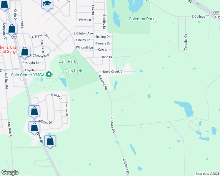 map of restaurants, bars, coffee shops, grocery stores, and more near 1109 Robbins Road in Athens