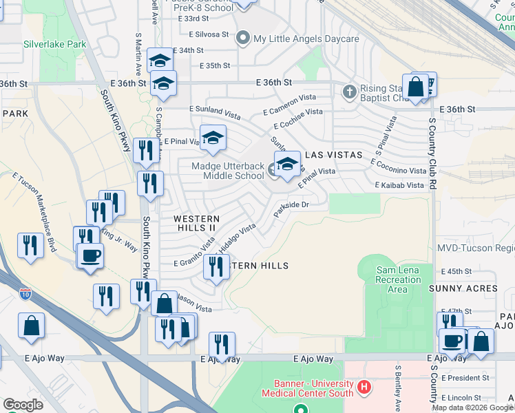 map of restaurants, bars, coffee shops, grocery stores, and more near 2273-2349 East Hidalgo Vista in Tucson