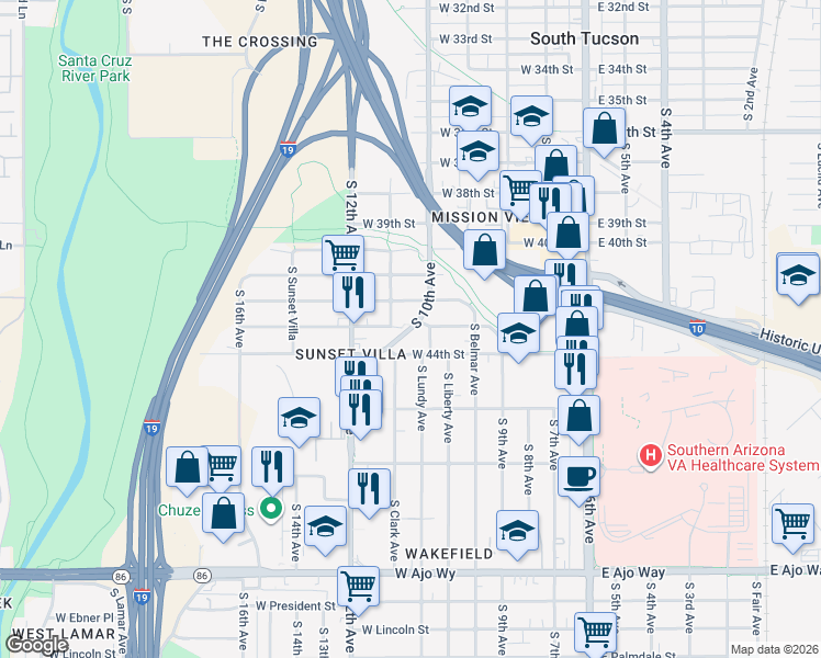 map of restaurants, bars, coffee shops, grocery stores, and more near 3320 South 10th Avenue in Tucson