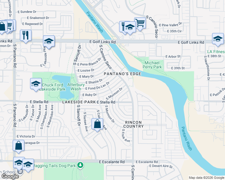 map of restaurants, bars, coffee shops, grocery stores, and more near 8550 East Ruby Drive in Tucson