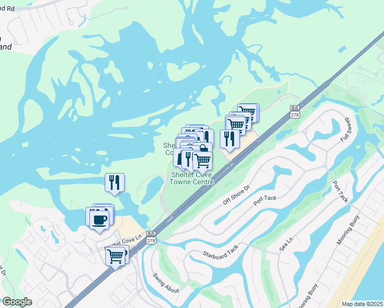 map of restaurants, bars, coffee shops, grocery stores, and more near 38 Shelter Cove Lane in Hilton Head Island