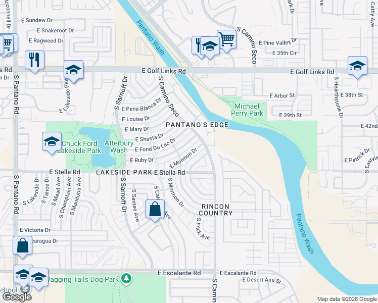 map of restaurants, bars, coffee shops, grocery stores, and more near 8566 East Mormon Drive in Tucson