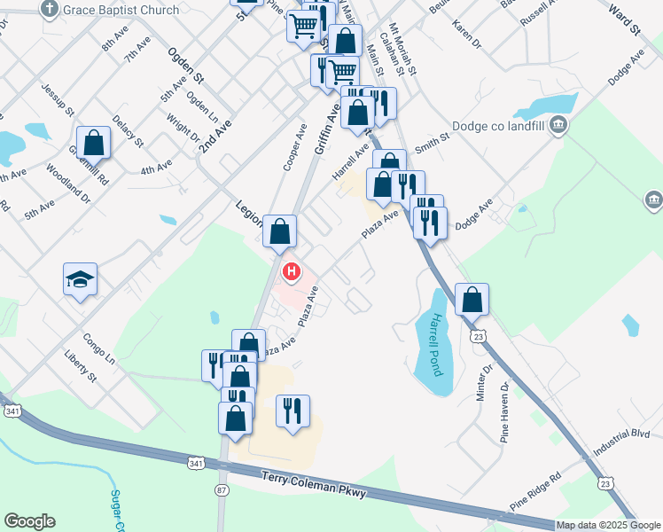 map of restaurants, bars, coffee shops, grocery stores, and more near 1100 Plaza Avenue in Eastman