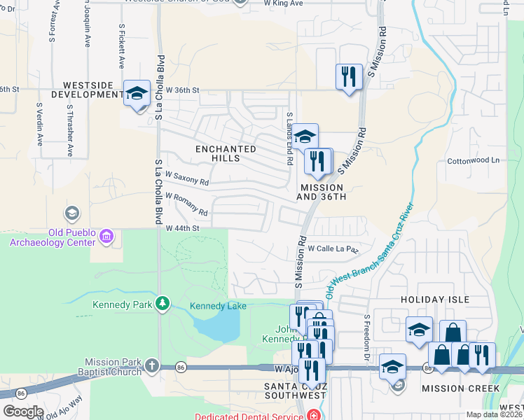 map of restaurants, bars, coffee shops, grocery stores, and more near 1901 West Romany Road in Tucson