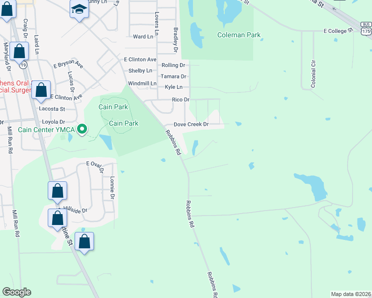 map of restaurants, bars, coffee shops, grocery stores, and more near 1109 Robbins Road in Athens