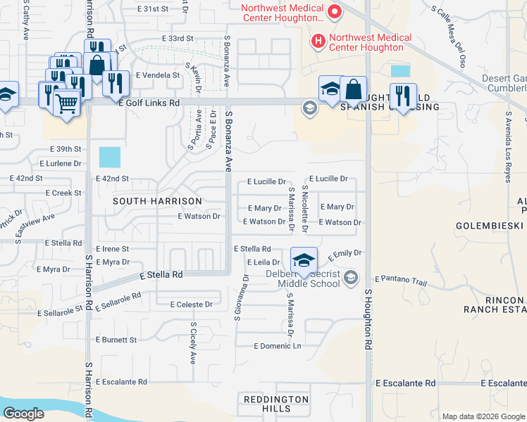 map of restaurants, bars, coffee shops, grocery stores, and more near 9980 East Watson Drive in Tucson