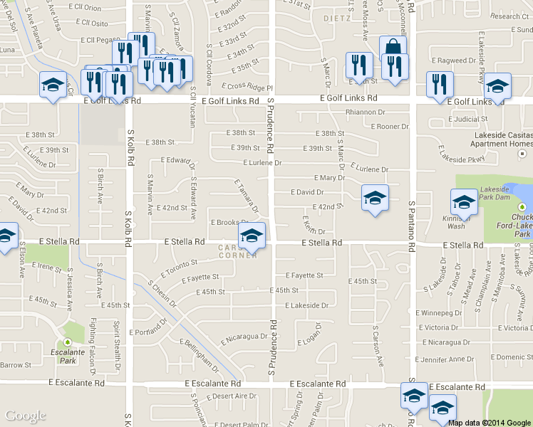 map of restaurants, bars, coffee shops, grocery stores, and more near 7502 East Tamara Place in Tucson