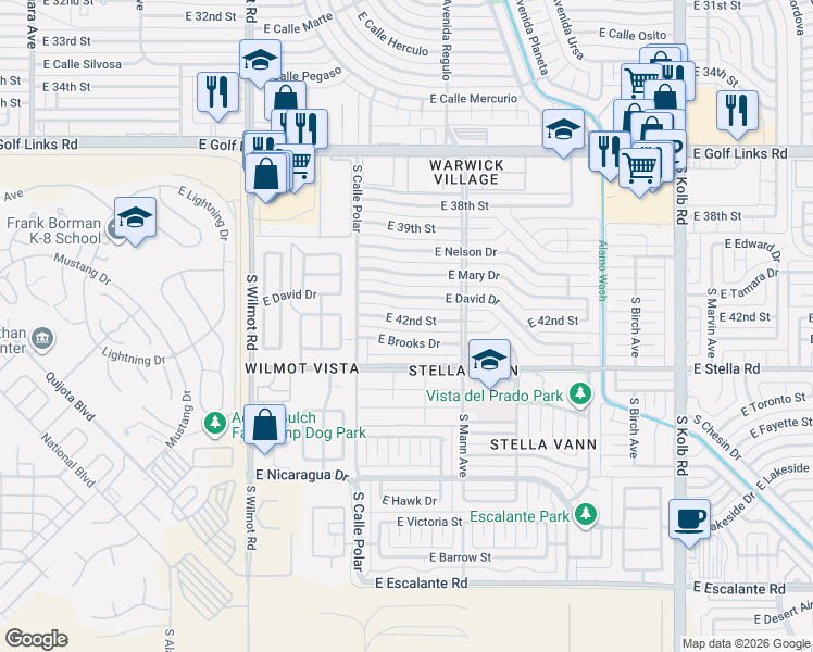 map of restaurants, bars, coffee shops, grocery stores, and more near 6564 East 42nd Street in Tucson