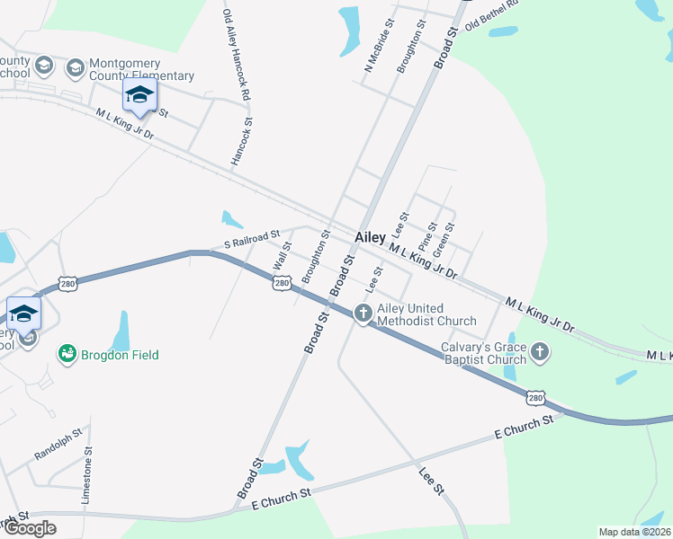 map of restaurants, bars, coffee shops, grocery stores, and more near 213 Broad Street in Ailey