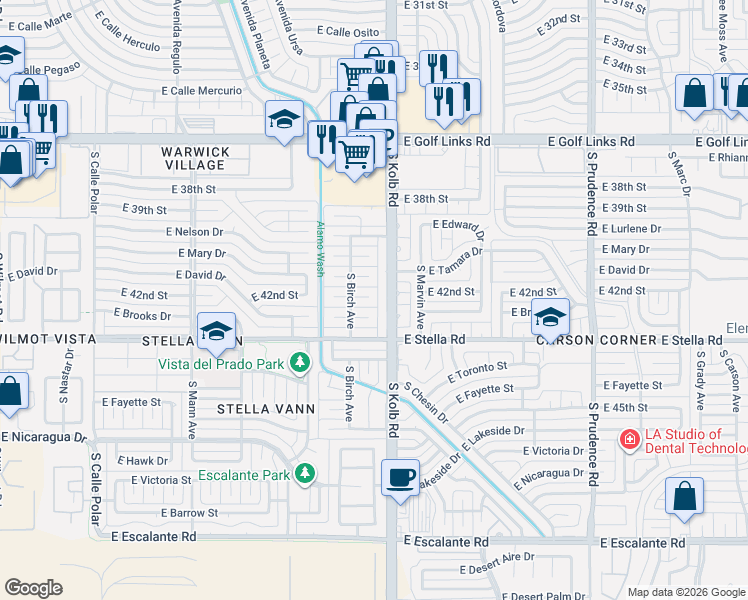 map of restaurants, bars, coffee shops, grocery stores, and more near 7042 East 42nd Street in Tucson