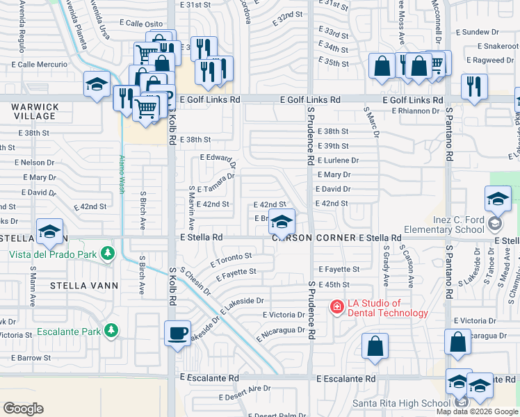 map of restaurants, bars, coffee shops, grocery stores, and more near 7340 East Brooks Drive in Tucson