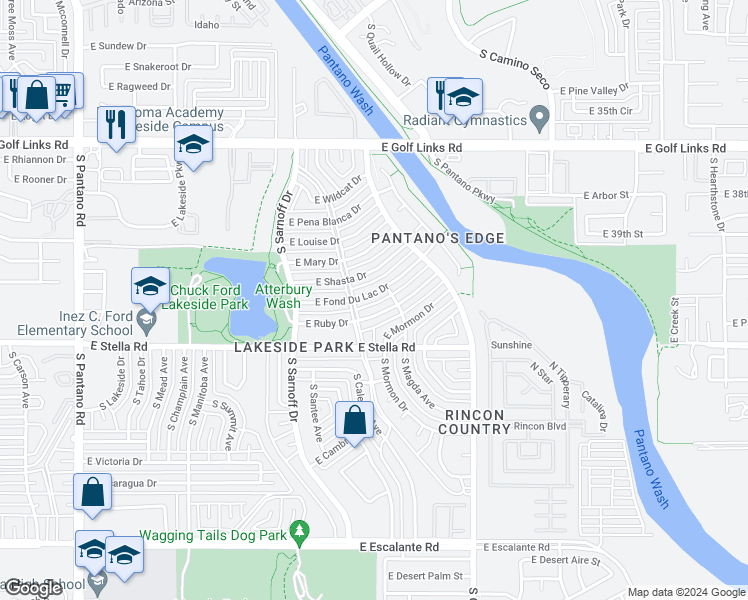 map of restaurants, bars, coffee shops, grocery stores, and more near 8502 East Ruby Drive in Tucson