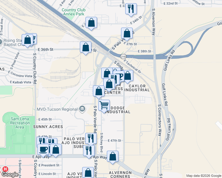 map of restaurants, bars, coffee shops, grocery stores, and more near 3601 East 44th Street in Tucson