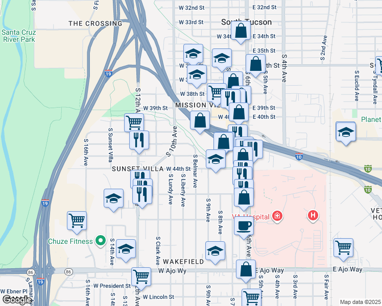 map of restaurants, bars, coffee shops, grocery stores, and more near 3310 South Belmar Avenue in Tucson