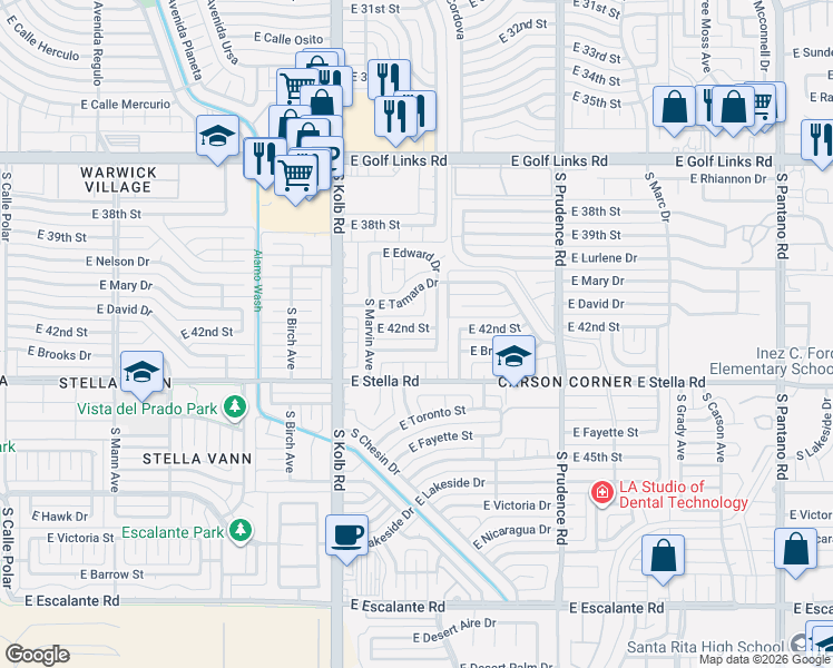 map of restaurants, bars, coffee shops, grocery stores, and more near 7220 East 42nd Street in Tucson