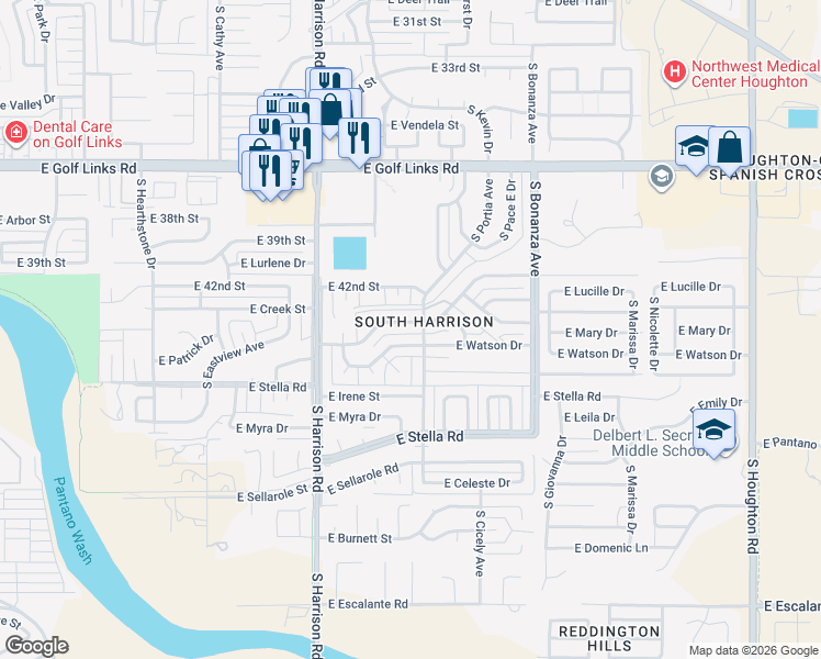 map of restaurants, bars, coffee shops, grocery stores, and more near 9701 East Creek Street in Tucson