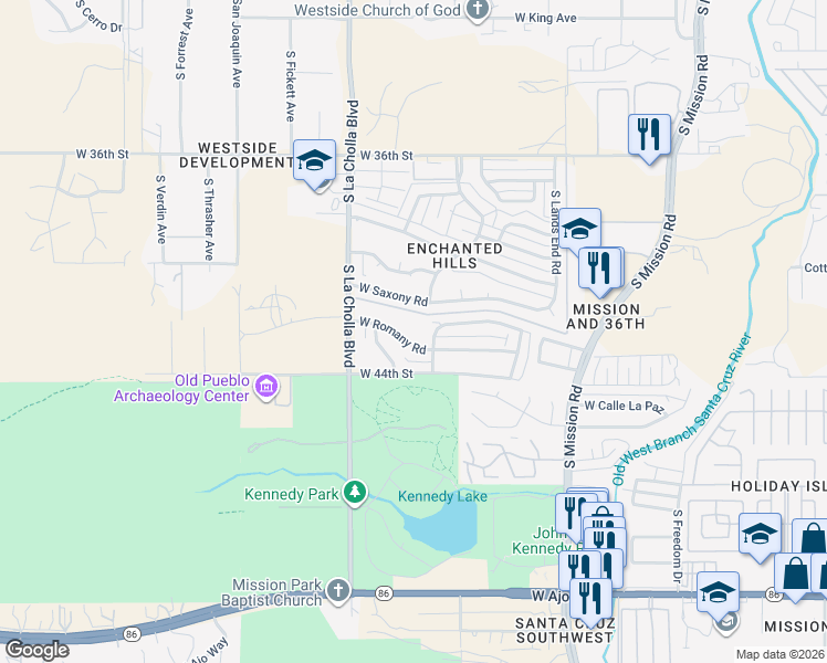map of restaurants, bars, coffee shops, grocery stores, and more near 1955 West Saxony Road in Tucson