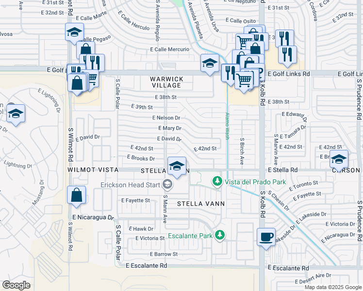 map of restaurants, bars, coffee shops, grocery stores, and more near 6756 East David Drive in Tucson