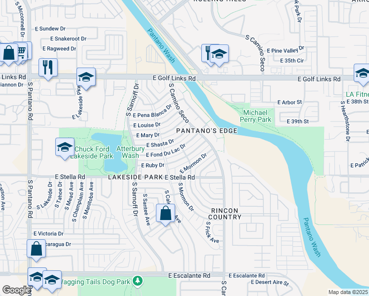 map of restaurants, bars, coffee shops, grocery stores, and more near 8500 East Shasta Drive in Tucson