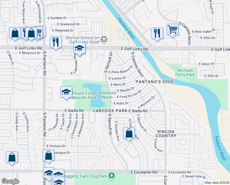 map of restaurants, bars, coffee shops, grocery stores, and more near 8333 East Shasta Drive in Tucson