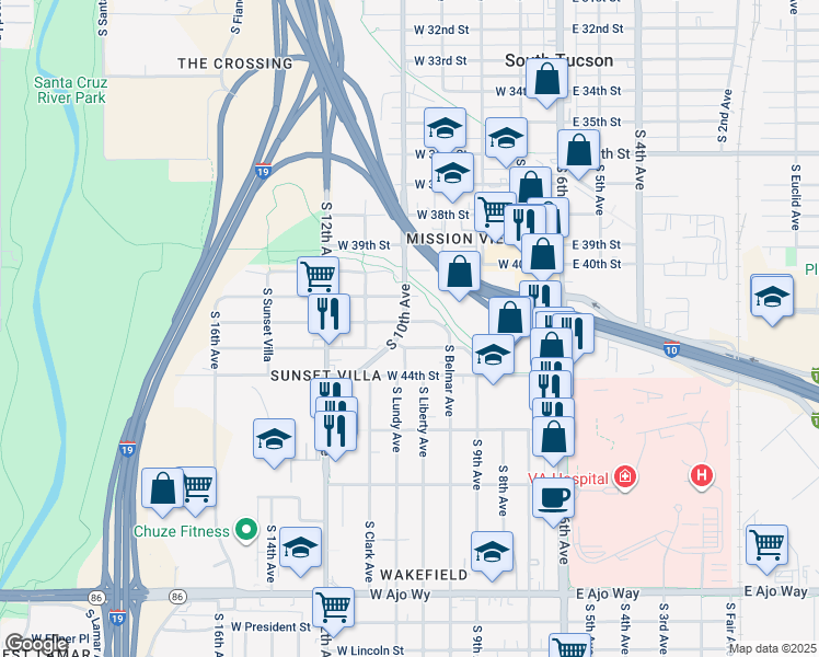 map of restaurants, bars, coffee shops, grocery stores, and more near 3107 South 10th Avenue in Tucson