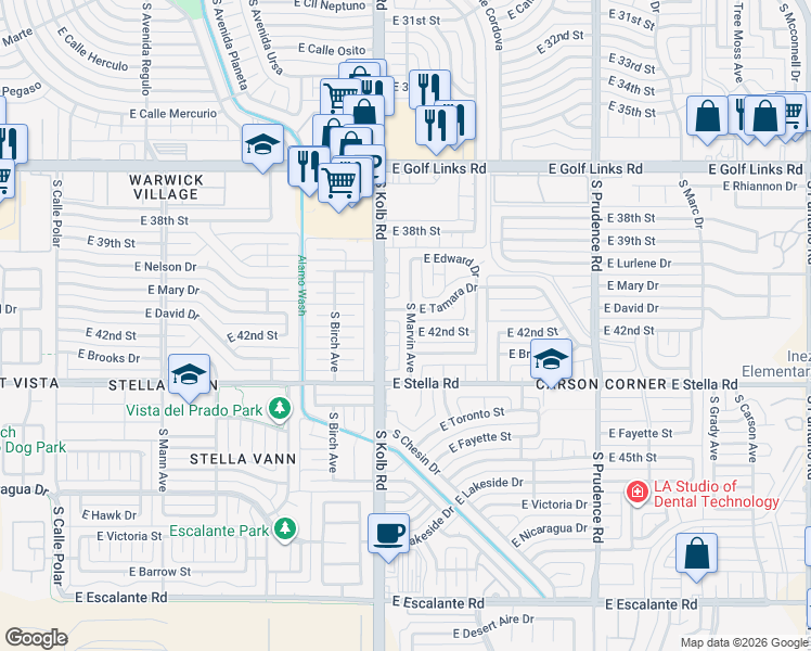 map of restaurants, bars, coffee shops, grocery stores, and more near 3040 South Marvin Avenue in Tucson