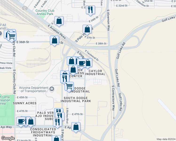 map of restaurants, bars, coffee shops, grocery stores, and more near 3275 East 43rd Place in Tucson