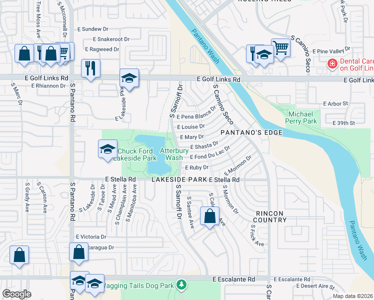 map of restaurants, bars, coffee shops, grocery stores, and more near 8338 East Shasta Drive in Tucson