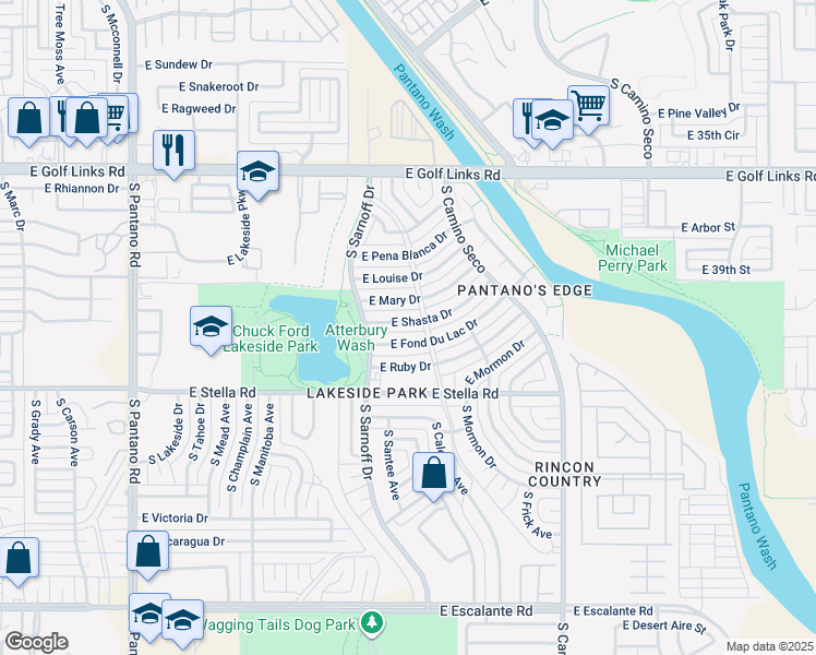 map of restaurants, bars, coffee shops, grocery stores, and more near 8402 East Shasta Drive in Tucson