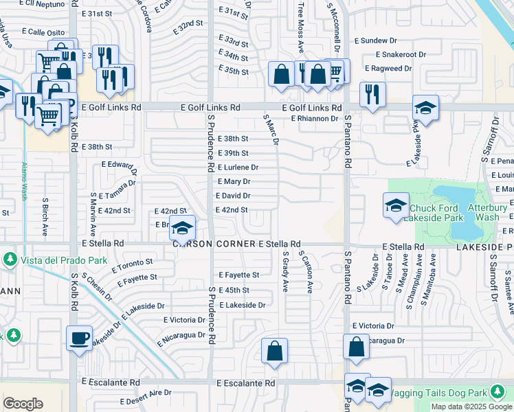 map of restaurants, bars, coffee shops, grocery stores, and more near 7627 East 42nd Street in Tucson