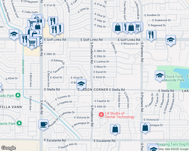 map of restaurants, bars, coffee shops, grocery stores, and more near 7509 East 42nd Street in Tucson