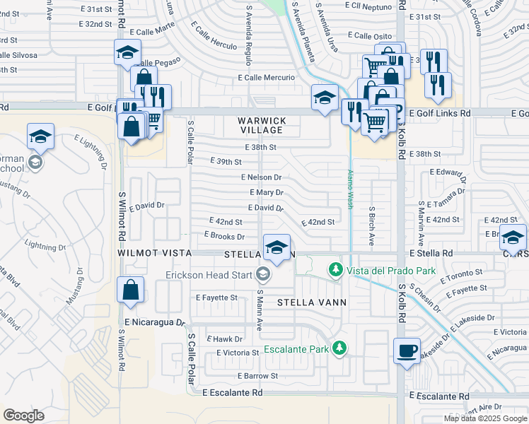map of restaurants, bars, coffee shops, grocery stores, and more near 6728 East David Drive in Tucson