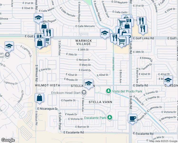 map of restaurants, bars, coffee shops, grocery stores, and more near 6728 East David Drive in Tucson