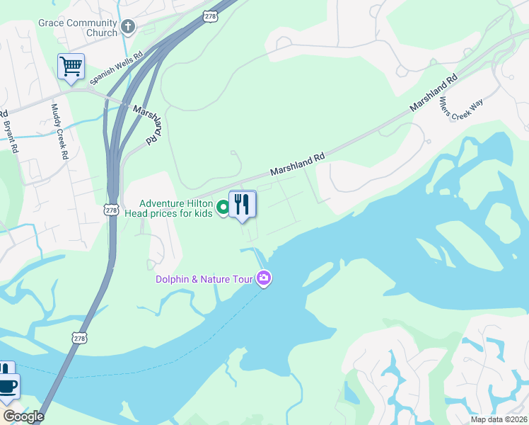 map of restaurants, bars, coffee shops, grocery stores, and more near 9 Simmons Road in Hilton Head Island