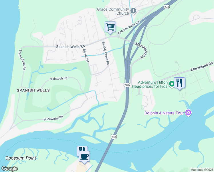 map of restaurants, bars, coffee shops, grocery stores, and more near 74 Muddy Creek Road in Hilton Head Island