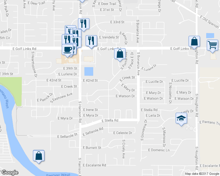 map of restaurants, bars, coffee shops, grocery stores, and more near 9701 East Creek Street in Tucson