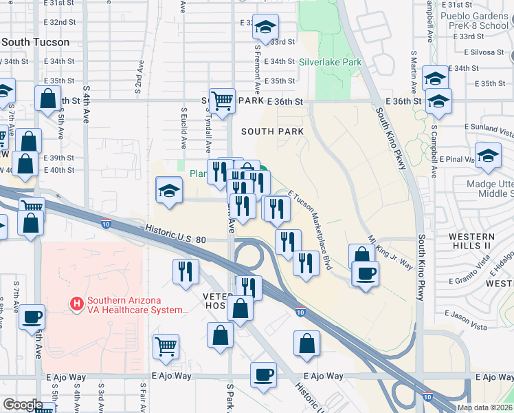 map of restaurants, bars, coffee shops, grocery stores, and more near 1070 East Tucson Marketplace Boulevard in Tucson