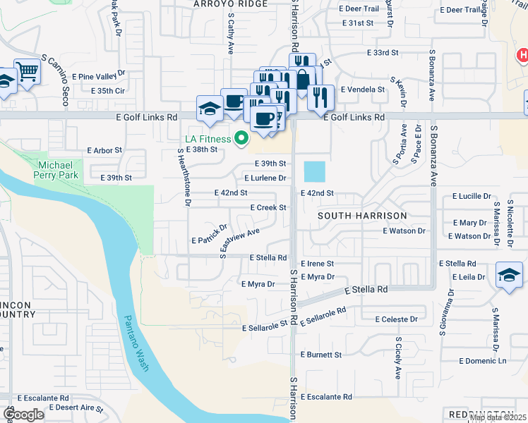 map of restaurants, bars, coffee shops, grocery stores, and more near 9408 East Creek Street in Tucson